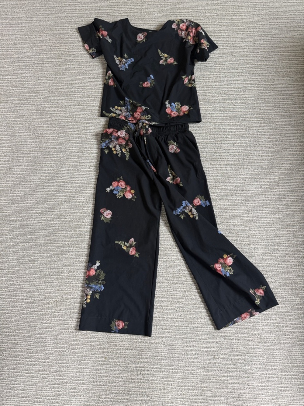 Black Floral Two-Piece Set - Relaxed Top & Wide Leg Pants - Picture 2 of 4
